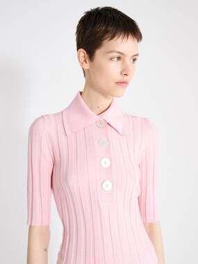 Nackiyé Sugarman Short Sleeve Knit Polo Point Collar Light Pink 100% Wool Sz S